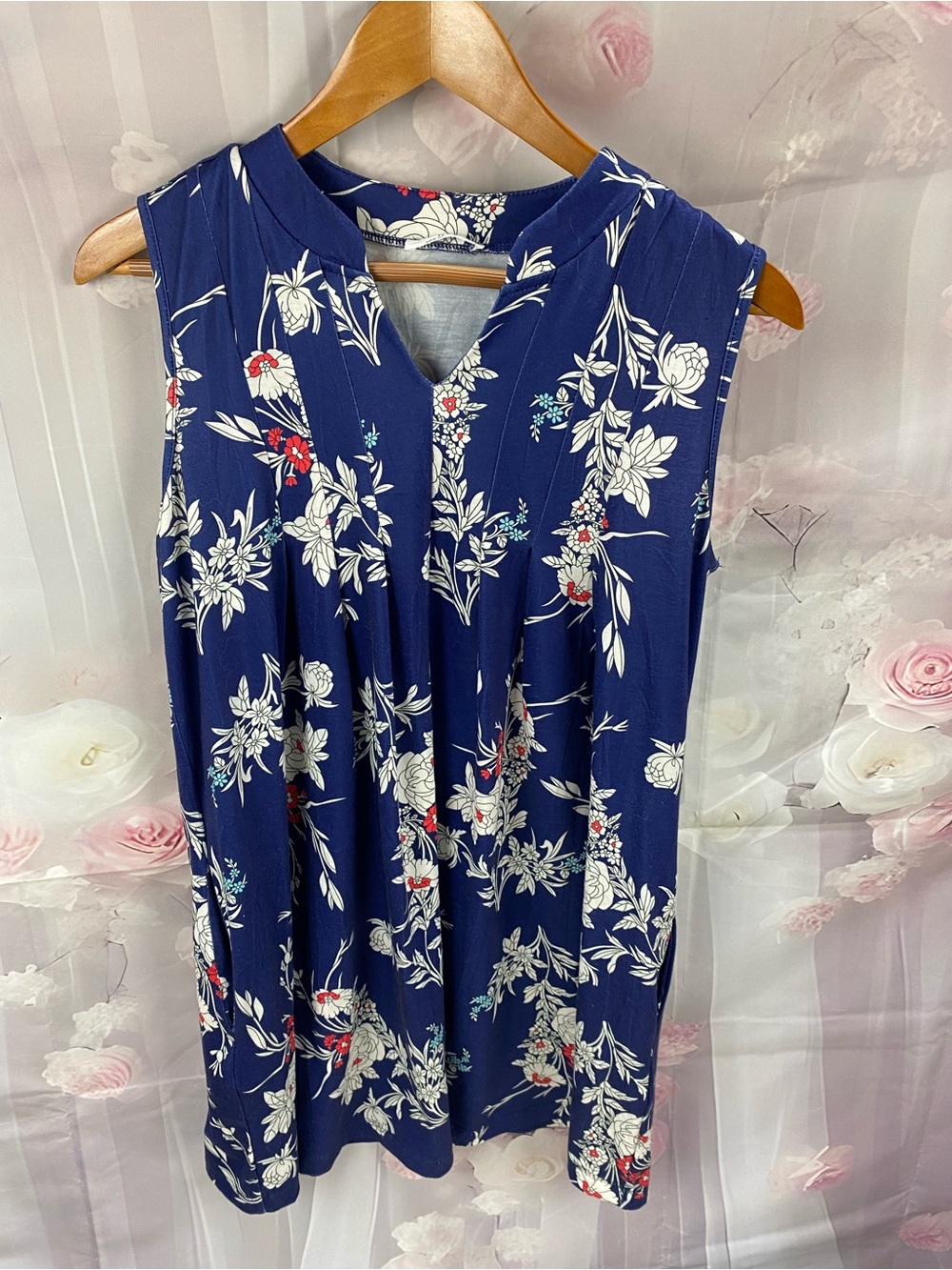 Navy Floral Sleeveless V-Neck Tunic